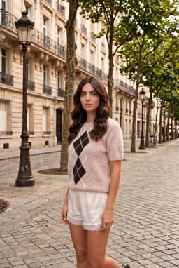 Beige Argyle Pattern Short Sleeve Textured Knit Sweater
