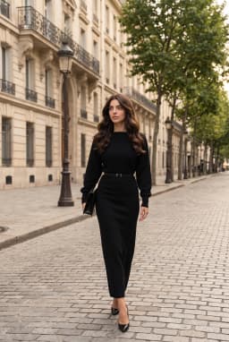 Abito Lungo in Maglia Nera Collo Barca Cinturato Maniche Lunghe