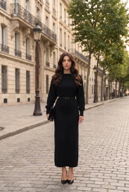 Abito Lungo in Maglia Nera Collo Barca Cinturato Maniche Lunghe