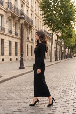 Abito Lungo in Maglia Nera Collo Barca Cinturato Maniche Lunghe