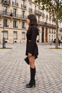 Trench Court Croisé Noir avec Ceinture Contrastante