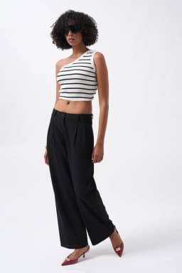 Black Tailored Double Pleated Wide Leg Trousers for Women