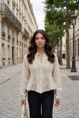 Embroidered Ruffle Hem Button-Down Blouse Stone