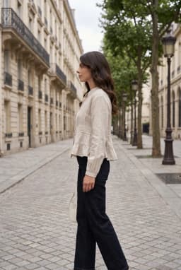Embroidered Ruffle Hem Button-Down Blouse Stone