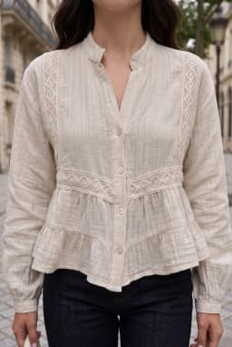 Embroidered Ruffle Hem Button-Down Blouse Stone