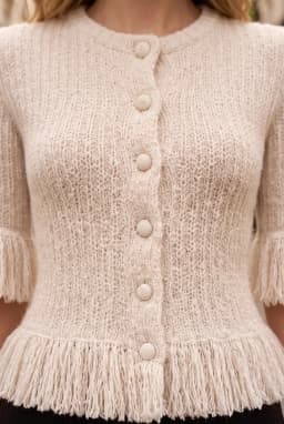 Gebreid Vest met Franjes en Knoppen Korte Mouw Ecru
