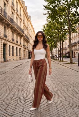 Pantalon Palazzo Rayé Taille Haute Jambes Larges Marron Bordeaux