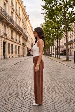 Pantalon Palazzo Rayé Taille Haute Jambes Larges Marron Bordeaux
