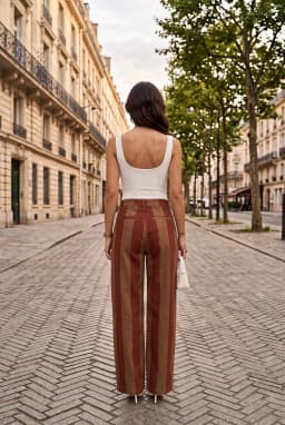 Pantalon Palazzo Rayé Taille Haute Jambes Larges Marron Bordeaux