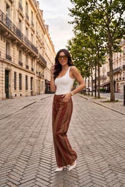 Pantalon Palazzo Rayé Taille Haute Jambes Larges Marron Bordeaux