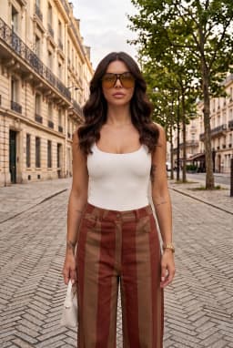 Pantalon Palazzo Rayé Taille Haute Jambes Larges Marron Bordeaux