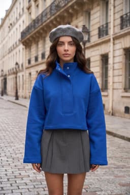 Oversized Cropped Mock Neck Sweatshirt, Half Snap, Royal Blue