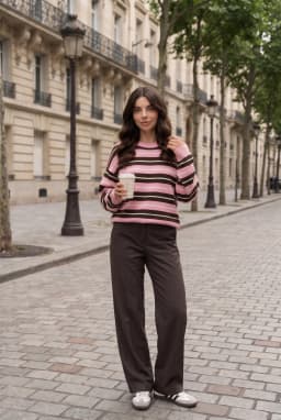 Rosa gestreifter Feinstrickpullover mit Rundhalsausschnitt — Rosa