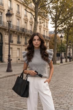 Graues ärmelloses Stricktop mit Rüschen und Stehkragen — Grau