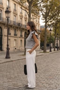 Graues ärmelloses Stricktop mit Rüschen und Stehkragen — Grau