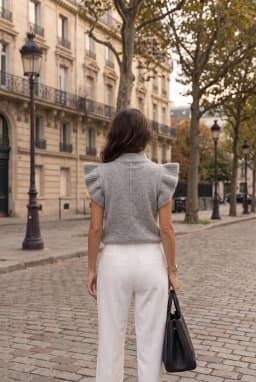 Graues ärmelloses Stricktop mit Rüschen und Stehkragen — Grau