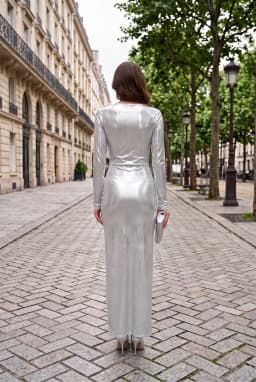 Silver Metallic Tie Front Open Back Long Sleeve Maxi Dress