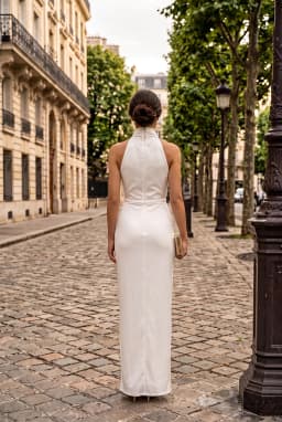 Robe Longue en Satin Blanche à Col Bénitier Sans Manches — Blanc