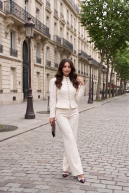 Women's 2-Piece Pantsuit White Mandarin Collar & Wide Leg Pants