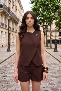 Dames Asymmetrisch Gilet met Knopen aan de Zijkant Bruin