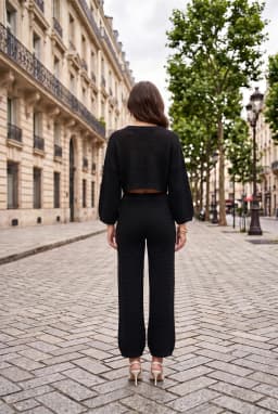 Γυναικείο Μαύρο Πλεκτό Σετ 2 Τεμαχίων Oversize Crop Top & Παντελόνι Φαρδιά Γραμμή