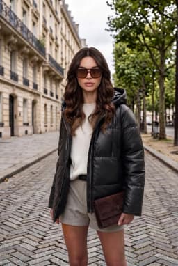 Women's Black Hooded Leather Puffer Jacket