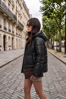 Women's Black Hooded Leather Puffer Jacket