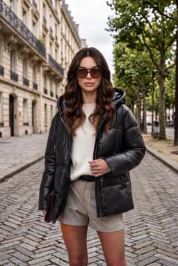 Women's Black Hooded Leather Puffer Jacket