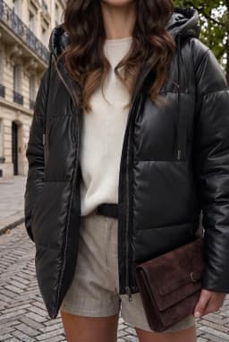 Women's Black Hooded Leather Puffer Jacket