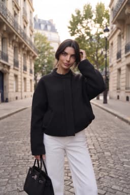 Women's Black Oversize Wool Jacket Stand Collar Snap Button Coat