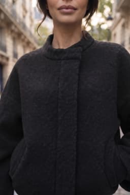 Women's Black Oversize Wool Jacket Stand Collar Snap Button Coat