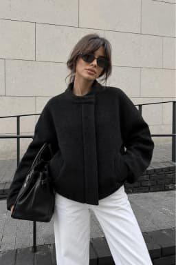 Women's Black Oversize Wool Jacket Stand Collar Snap Button Coat