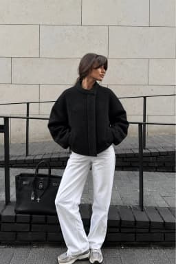 Women's Black Oversize Wool Jacket Stand Collar Snap Button Coat