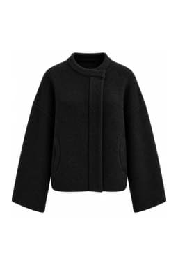 Women's Black Oversize Wool Jacket Stand Collar Snap Button Coat