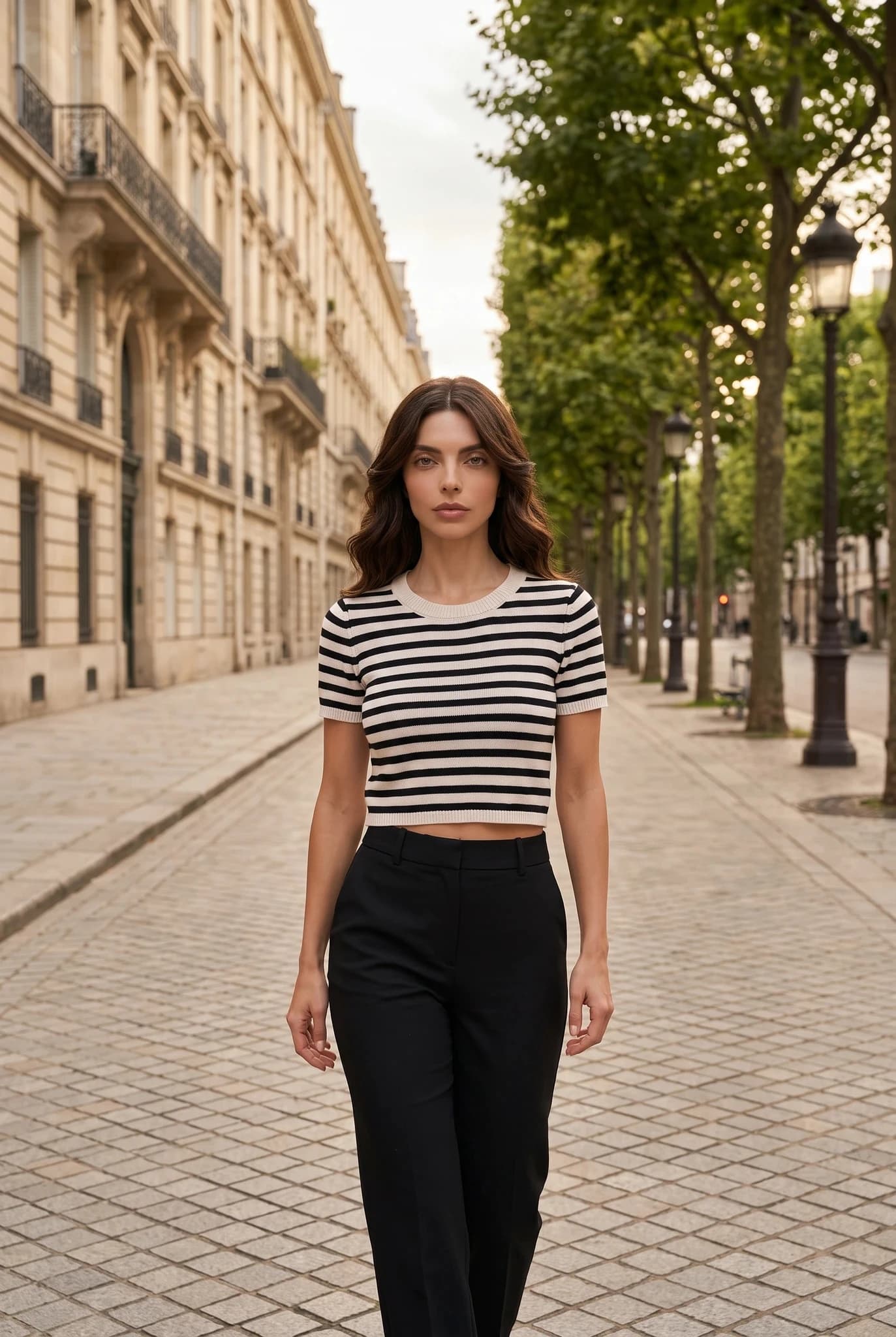Women's Black & White Striped Knit Crop Top Crew Neck
