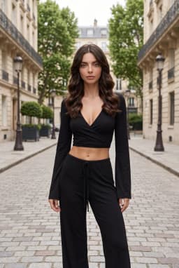 Set da Donna in Due Pezzi Nero con Top a Portafoglio e Pantaloni a Vita Bassa — Nero