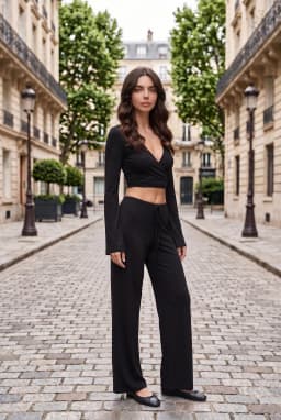 Set da Donna in Due Pezzi Nero con Top a Portafoglio e Pantaloni a Vita Bassa — Nero