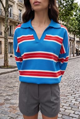 Damen Strickpullover Blau Gestreift mit V-Ausschnitt und Polokragen