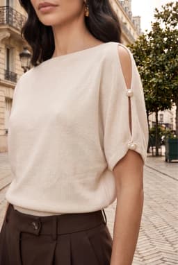 Women's Boat Neck Knit Top Off-White with Button Detail — Off-White