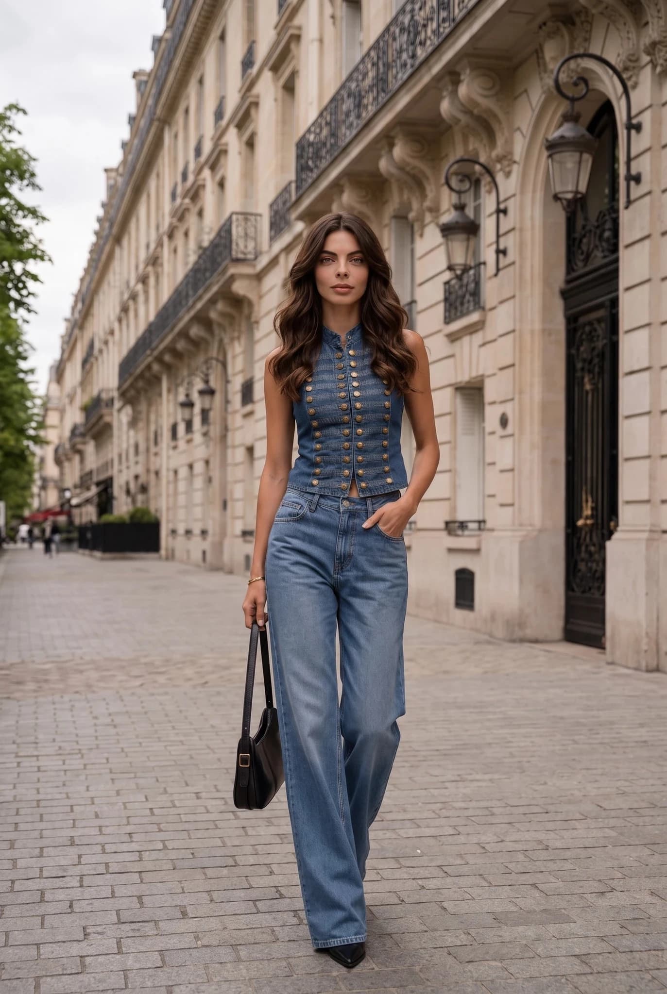 Gilet in Denim da Donna con Bottoni Blu