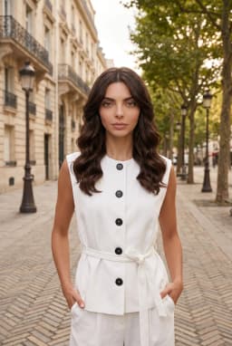 Women's Crew Neck Belted Button-Front Woven Waistcoat — White