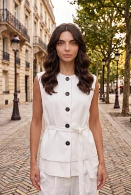 Women's Crew Neck Belted Button-Front Woven Waistcoat — White