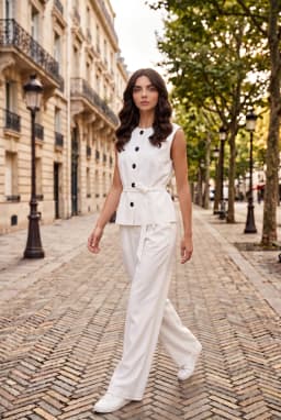 Women's Crew Neck Belted Button-Front Woven Waistcoat — White