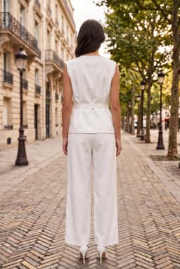 Women's Crew Neck Belted Button-Front Woven Waistcoat — White