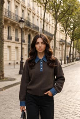 Damen Strick-Polopullover mit Denim-Kragen in Braun