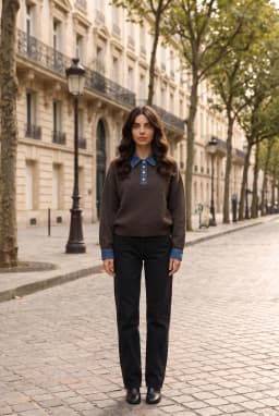 Damen Strick-Polopullover mit Denim-Kragen in Braun