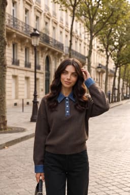 Damen Strick-Polopullover mit Denim-Kragen in Braun