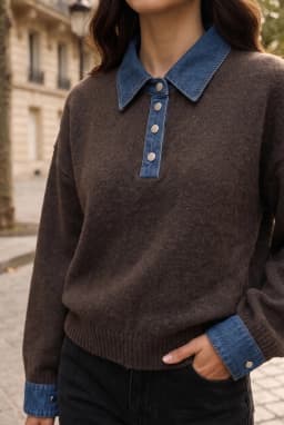 Damen Strick-Polopullover mit Denim-Kragen in Braun