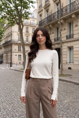 بلوزة نسائية إيكرو بأكمام طويلة وياقة دائرية وتفاصيل أزرار — أبيض