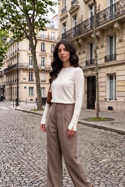 بلوزة نسائية إيكرو بأكمام طويلة وياقة دائرية وتفاصيل أزرار — أبيض